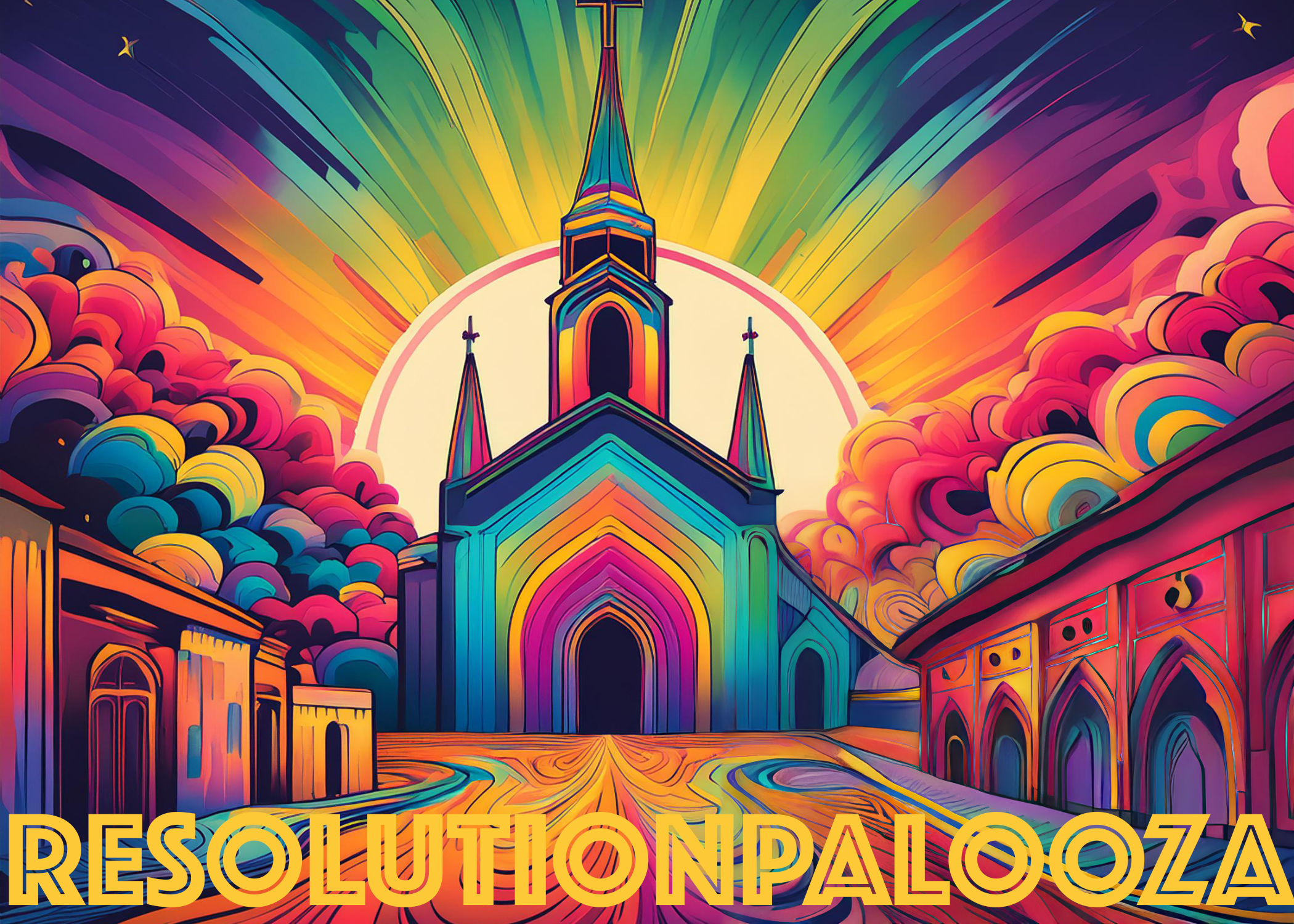 colorful church with RESOLUTIONPALOOZA written below