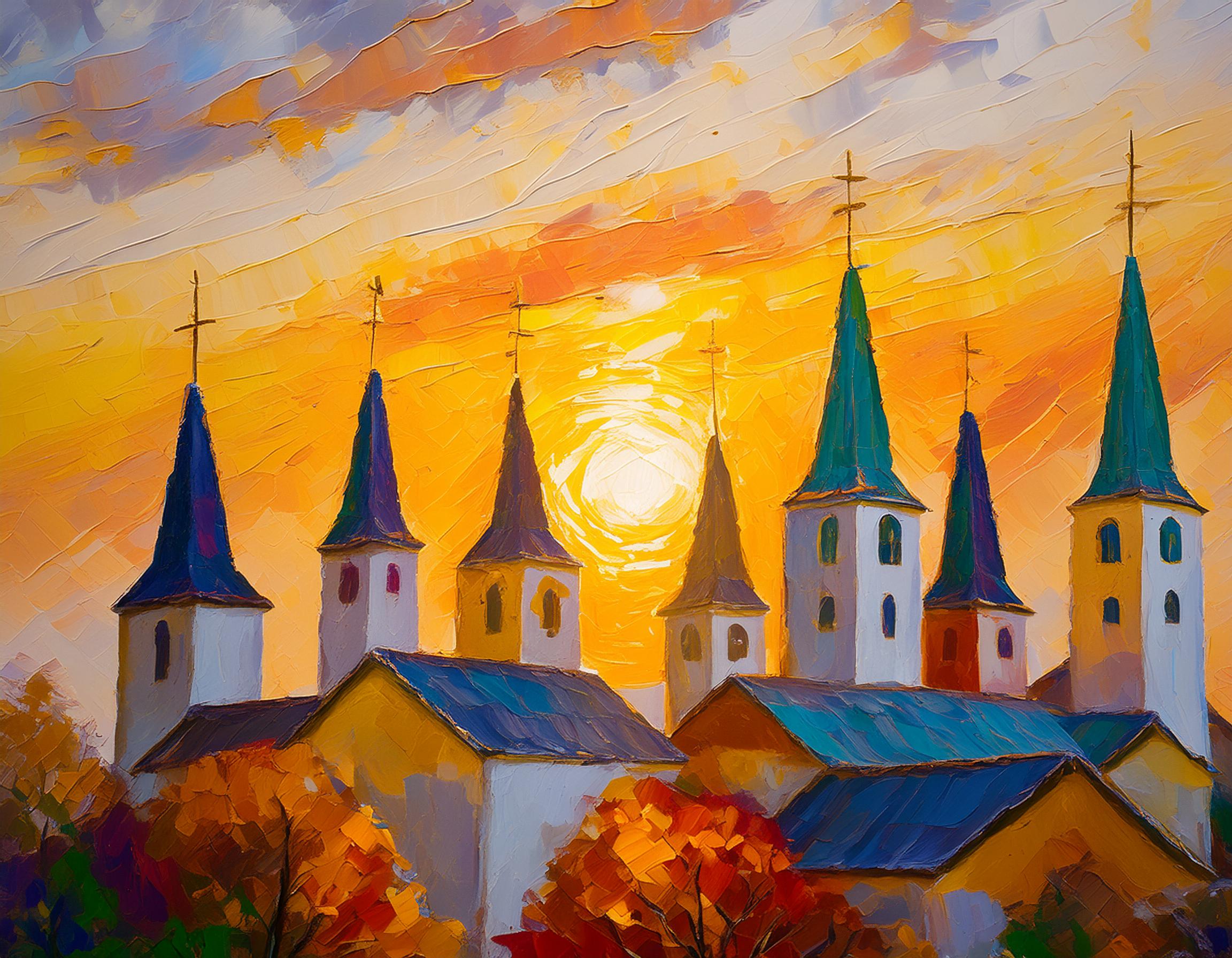 AI image of painting of churches with a sunset in the background